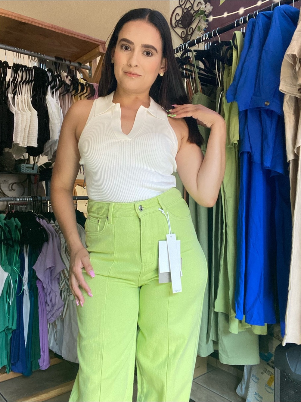 High-Rise Wide Leg Jeans in Lime Green